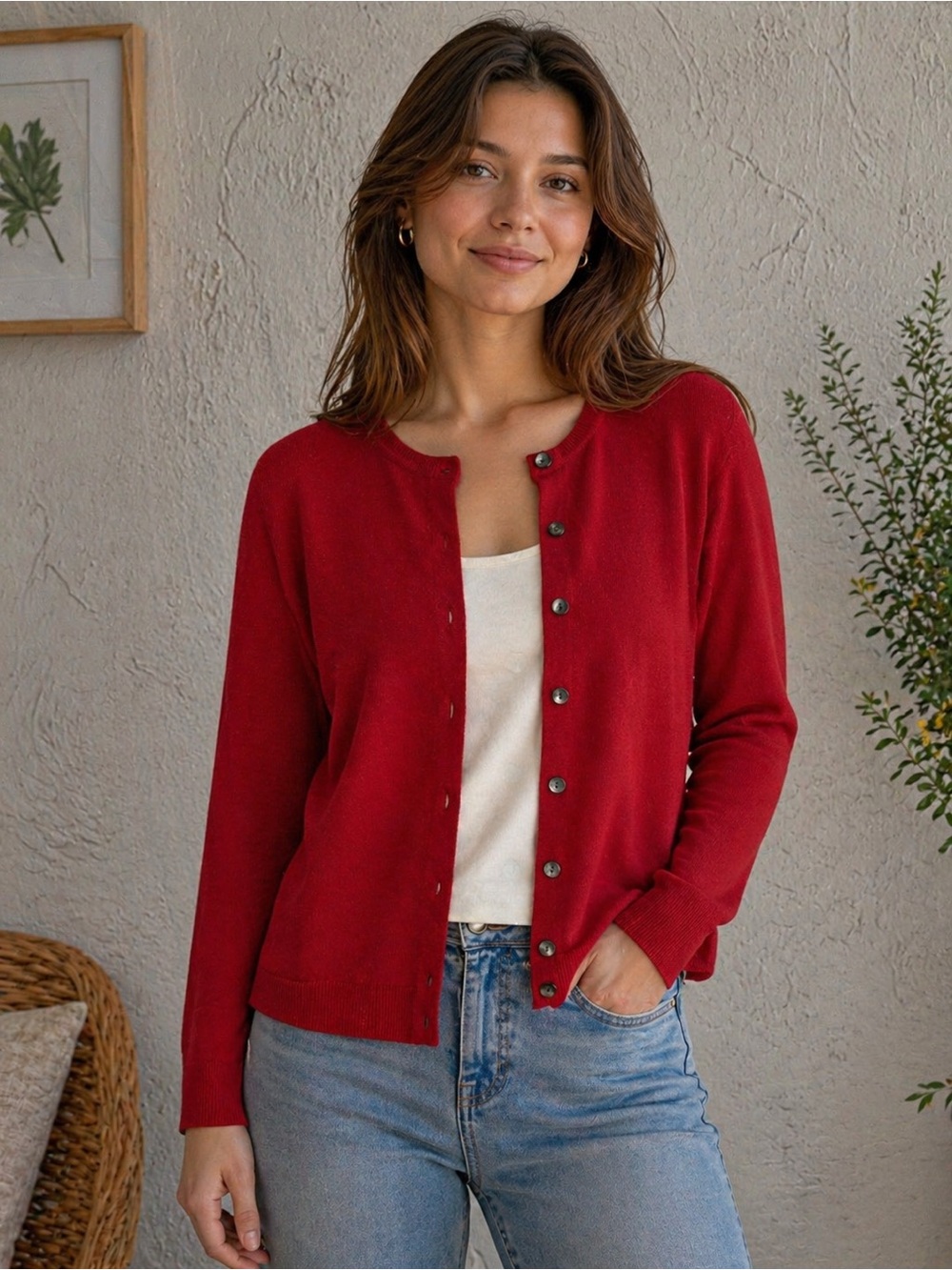 Charter Club Crimson Button-Front Crewneck Cardigan